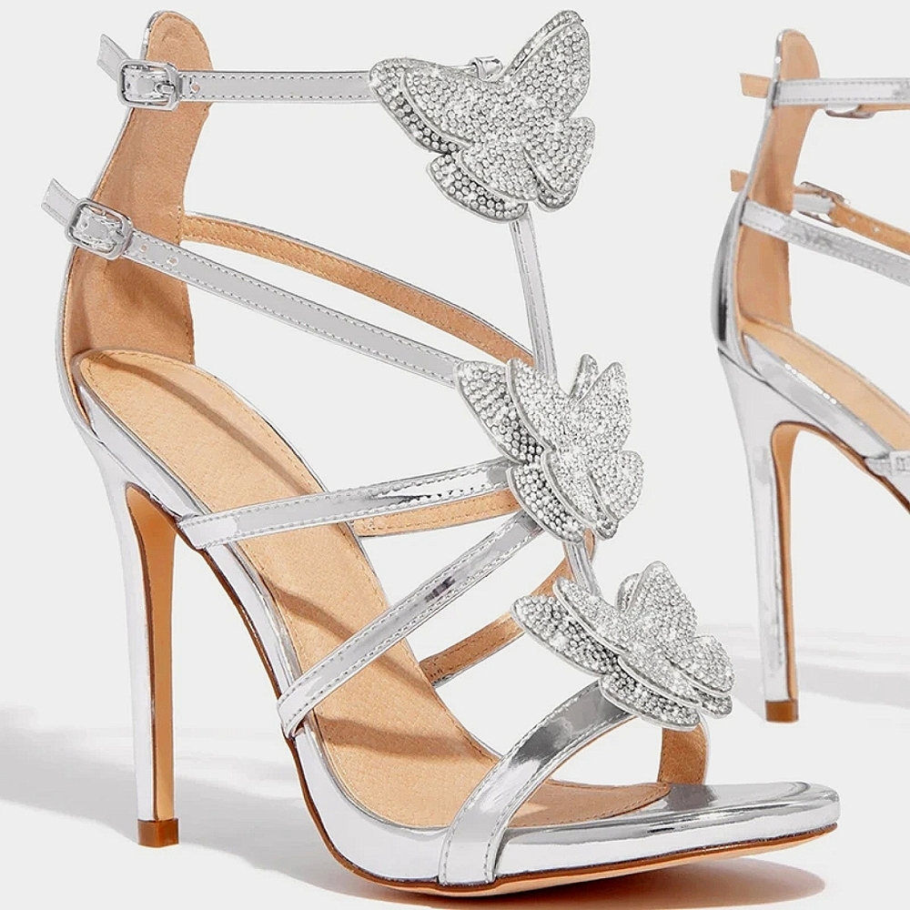Olivia butterfly rhinestone silver heels size 7